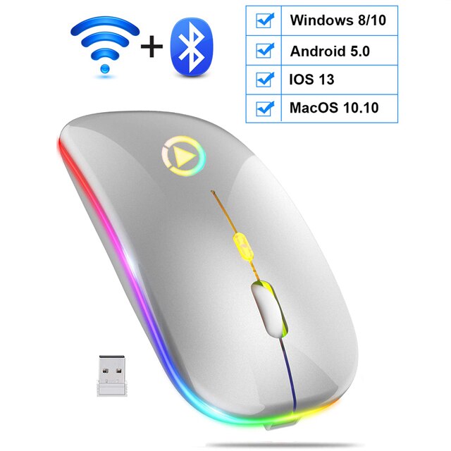 Sem fio gaming mouse 2400 dpi recarregável ajustável 7 cores backlight respiração gamer mouse jogo ratos para computador portátil: Bluetooth Silver