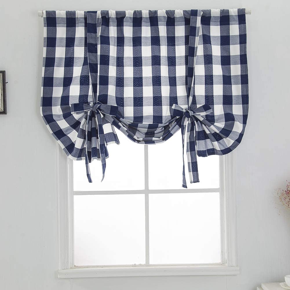Geruite print kort raamgordijn met opening verstelbare vouwgordijnen verduisterende gordijnen voor woonkamer keuken: Marineblauw / S