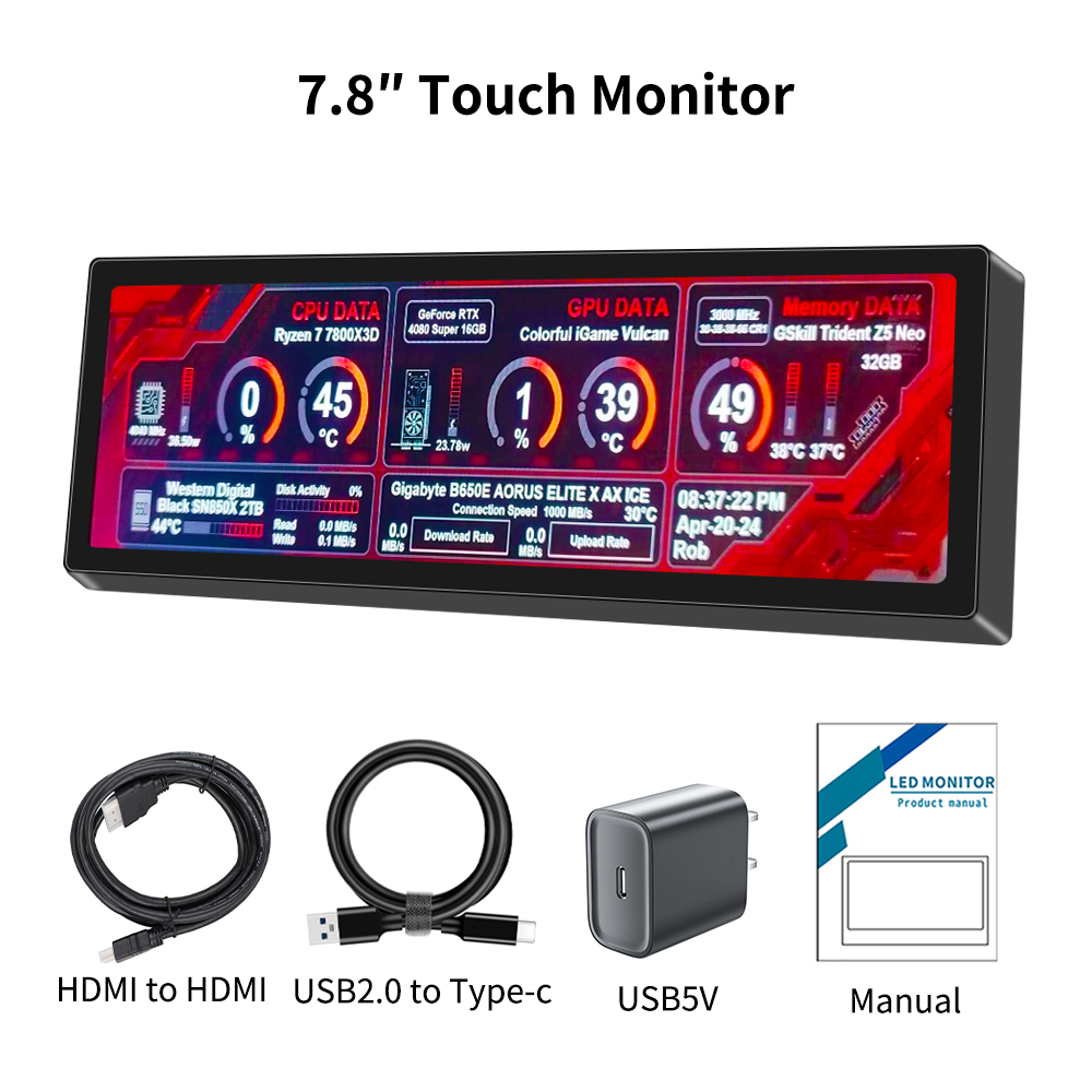 Monitor de pantalla táctil ancha y larga de 7,8 pulgadas, pantalla de temperatura de PC HDMI, Panel de Sensor de PC, Monitor extensor pequeño