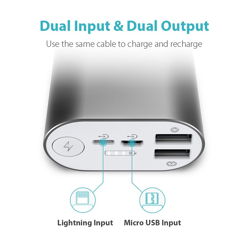 ROMOSS ACE10 10000mAh mini banco de energía de aleación de aluminio, paquete de batería externa con 2 puertos de entrada y salida USB Dual de 5V/2.1A