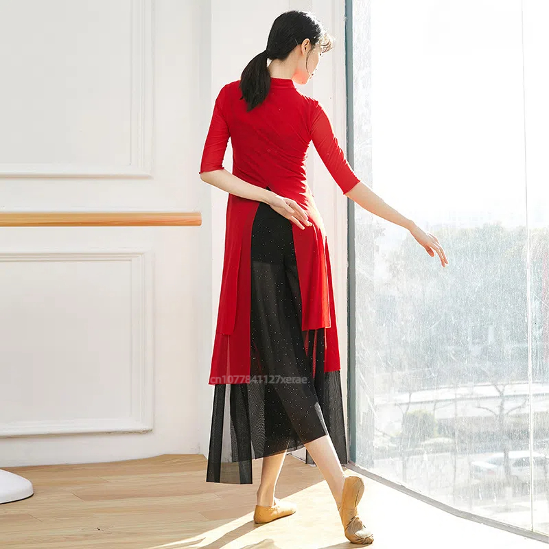 Chinese Style Modern Dance Practice Hanfu Medium Long Women's Classical Ethnic Double Layered Slit Gauze Clothes: M / Blue