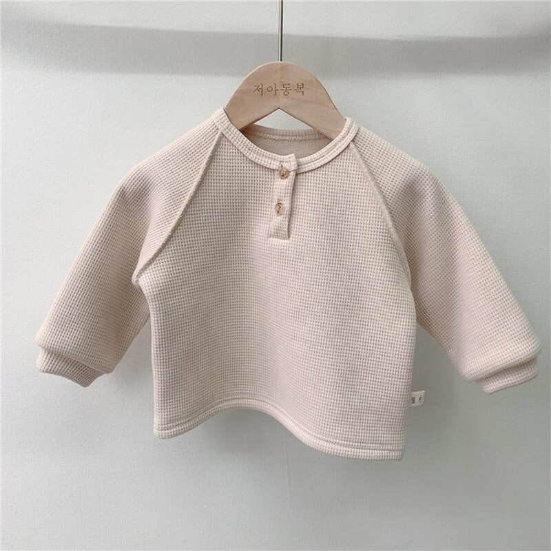 Baby Peuter Kind Sweatshirt Knop Top Baby Kleding Jongens Kleding Pasgeboren Baby Jongen Meisje Katoen Geribbelde T-shirt Lange Mouw: Beige / 6m