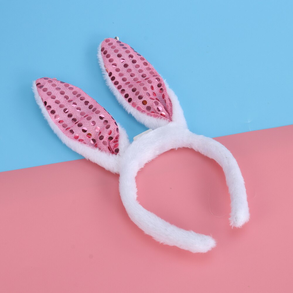 LED Bunny Ear Headband Flashing Sequins Rabbit Ear Hair Hoop Heardwear for Easter Christmas Party (White)