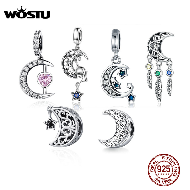 Wostu 925 prata esterlina lua &amp; estrelas balançar charme zircônia contas fazendo diy pulseira original para mulher jóias de prata