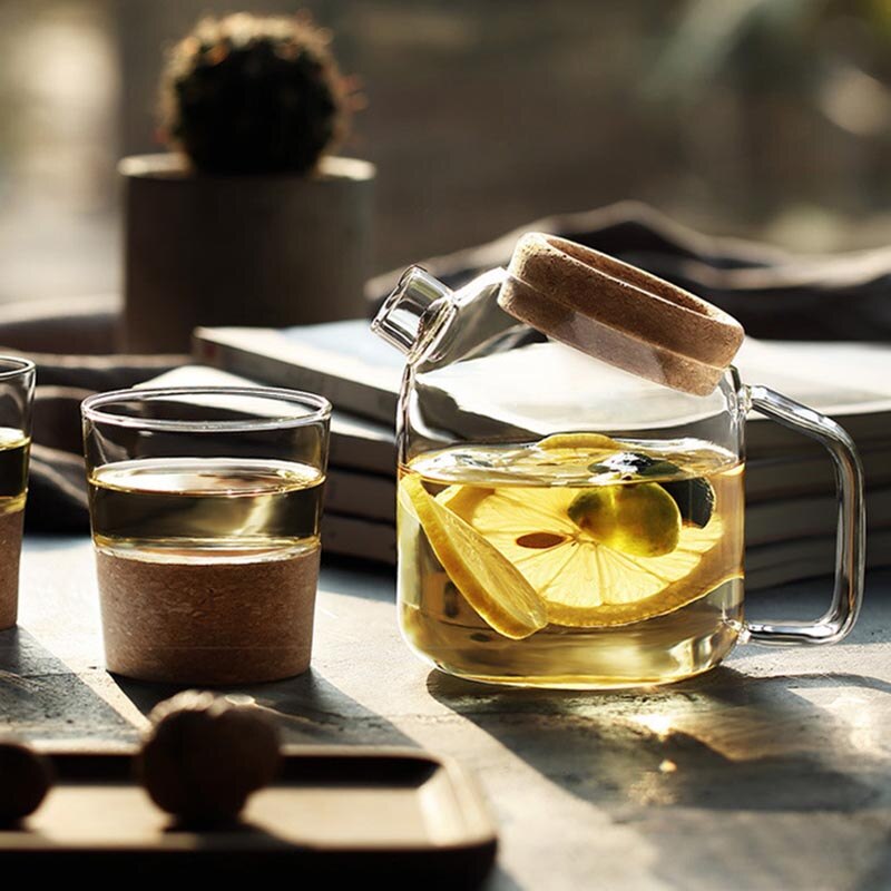 Ymeei glas kork vattenkokare trätäcke blomma tekanna värmebeständig juice kall vattenkokare med korklock kaffekanna
