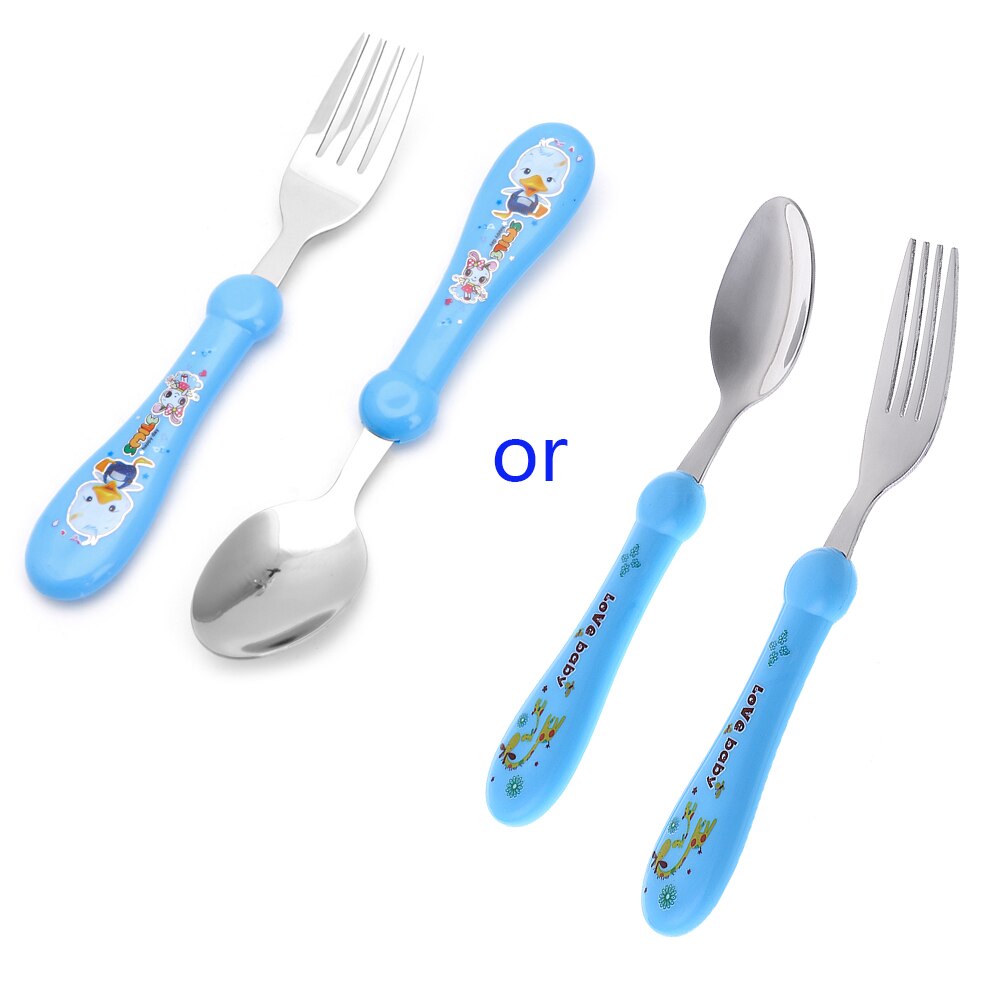 Kids Baby Cartoon Vork En Lepel Set Servies Rvs Vorken + Lepels 97BD: Blue