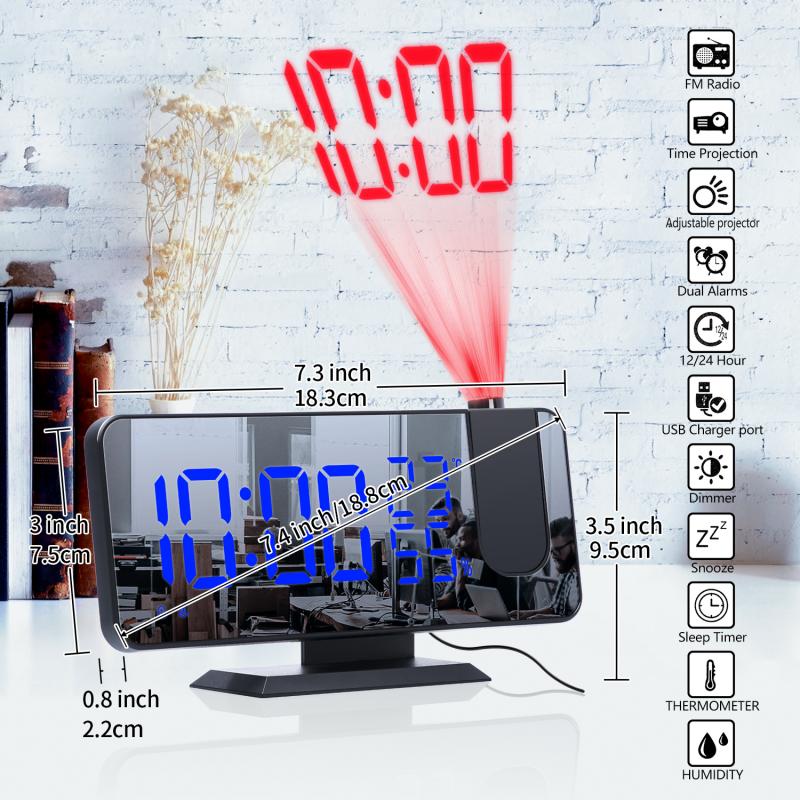 3 Kleur Led Digitale Wekker Radio Projectie Met Temperatuur En Vochtigheid Spiegel Klok Multifunctionele Nachtkastje Tijd Display