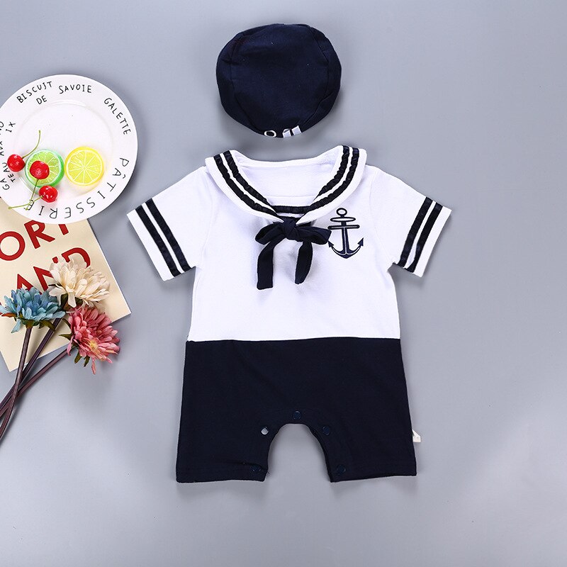 Infant Baby Summer Short Sleeve Rompers Clothes Baby Boy Sailor Suit with Navy Hat Sailor Collar Children Climbing Jumpsuit Sets