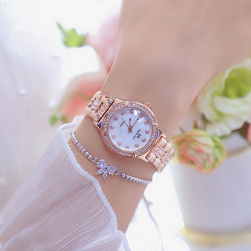 Bee sister dameshorloge luxe roségouden diamanten wijzerplaat met strass steentjes, waterdicht dameshorloge bss -13-38