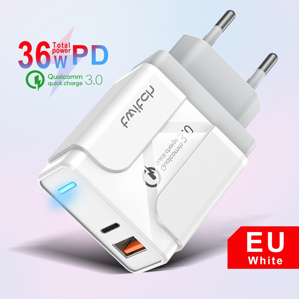 Twitch Quick Charge 4.0 3.0 Usb Lader 36W Qc 4.0 3.0 Usb Pd Lader Snel Telefoon Oplader Voor Iphone 11 Pro Xr Xiaomi Mi10 Huawei: EU White