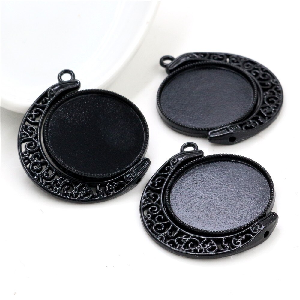 5pcs 18mm 25mm Inner Size Moon Rotation Double Side Antique Silver Plated 7 Colors Cameo Cabochon Base Setting Charms Pendant: Black / Inner Size 25mm