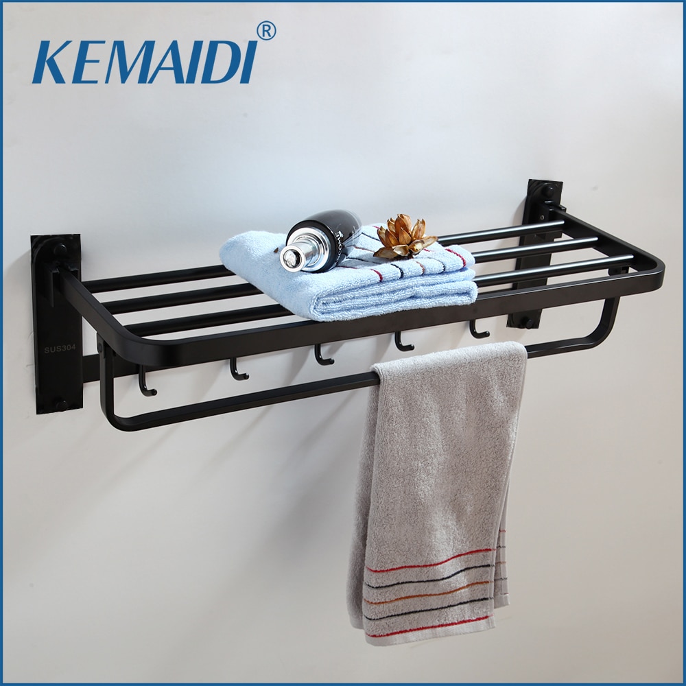 Kemaidi mat sort badeværelse folde vægmonteret badeværelse håndklædestang holder opbevaring rack hylde bar bøjle håndklædeholder