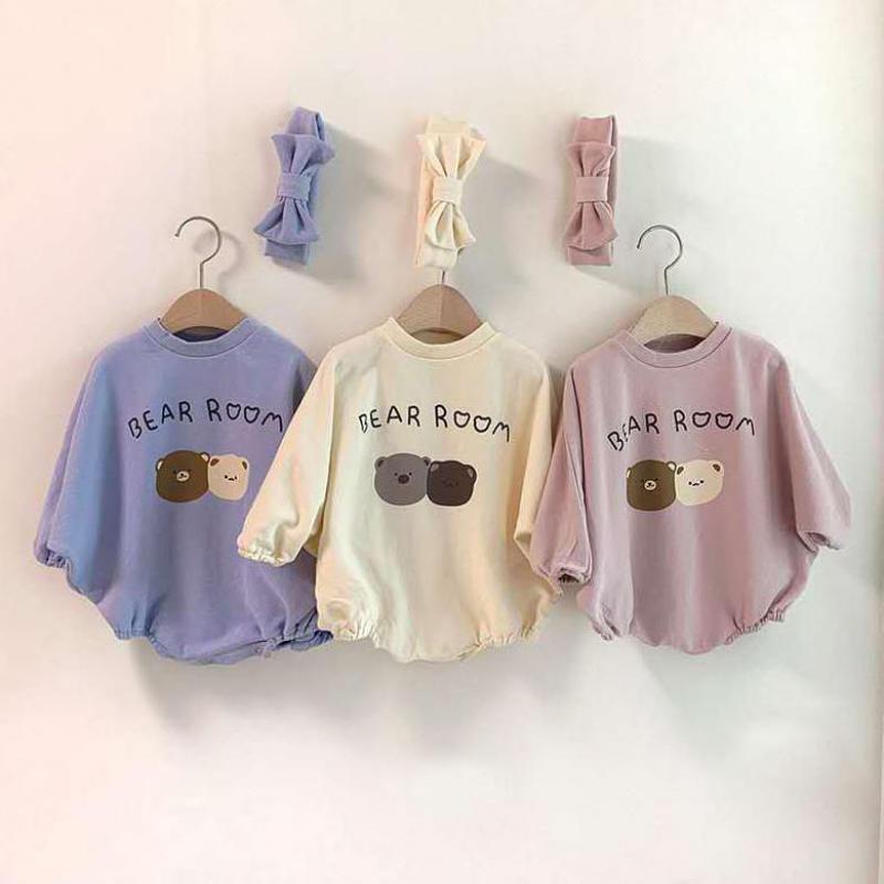 Herfst Baby Kleding Schattige Beer Patroon Baby Jongens Bodysuit Lange Mouwen Peuter Meisjes Jumpsuit Met Baby Hoofdband