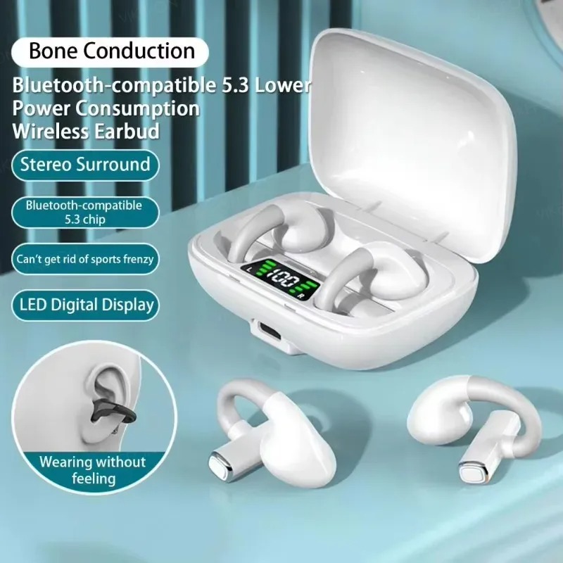 Noise Cancelling Ear-clip Waterproof Bluetooth Earphones Wireless Sports Headphones HiFI Stereo Earphones in-Ear Headphones