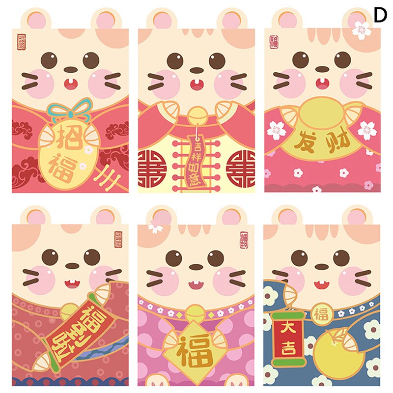 6 Stks/pak Kawaii Chinese Fortune Rat Jaar Rode Envelop Kinderen Jaar Rode Pocket Voor Student Kids