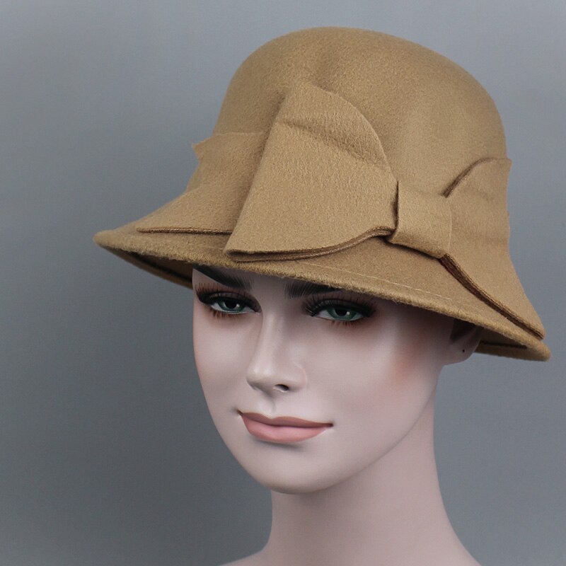 Merk retro dames dames fedora's top jazz hoed winter herfst pet katoen imitatie wollen bolhoeden ronde strik petten: Khaki