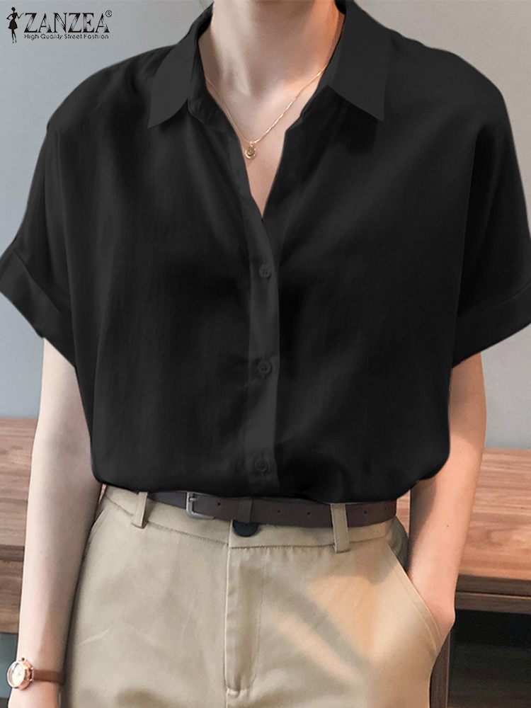 ZANZEA-camisas de gran tamaño para mujer, Tops lisos holgados a la , Blusa de manga corta, Blusas informales con botones lisos 2023