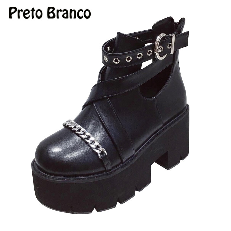 PRETO BRANCO 8cm tacones nueva versión coreana de la plataforma para magdalenas cuña de Metal Botines de tacón alto mujeres zapatos botas mujeres JXQ