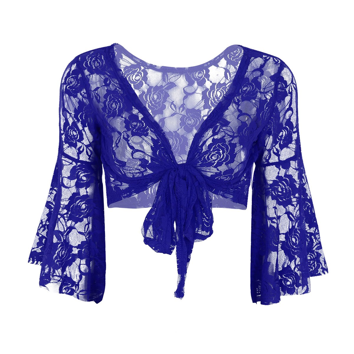 Haut moulant transparent en dentelle pour femmes, Sexy, haut en maille, manches longues évasées, chemise de danse du ventre, réservoirs, cravate avant, Cardigan, enveloppe les épaules, Clubwear: Royal Blue