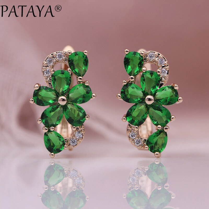 PATAYA Water Pruimenbloesem Dangle Oorbellen Vrouwen Mode Trendy Sieraden 585 Rose Goud Bloemblaadje Natuurlijke Zirkoon Blauw Oorbellen