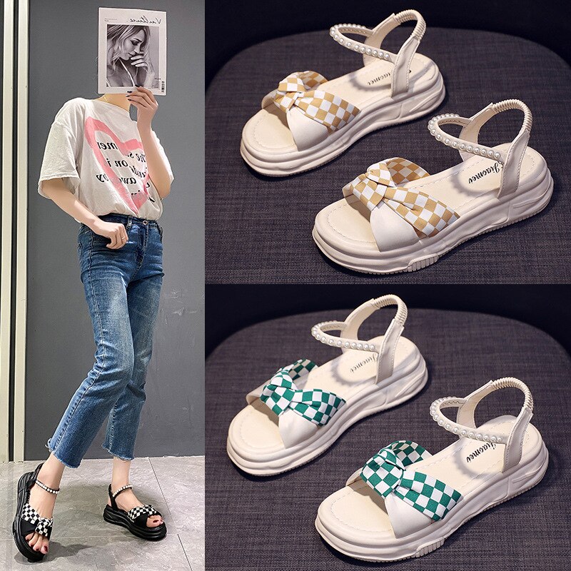 Thick-soled Sandals Women&#39;s Summer Color Matching Checkerboard Beach Sandals Open Toe Shoes Platform Shoes Sandals