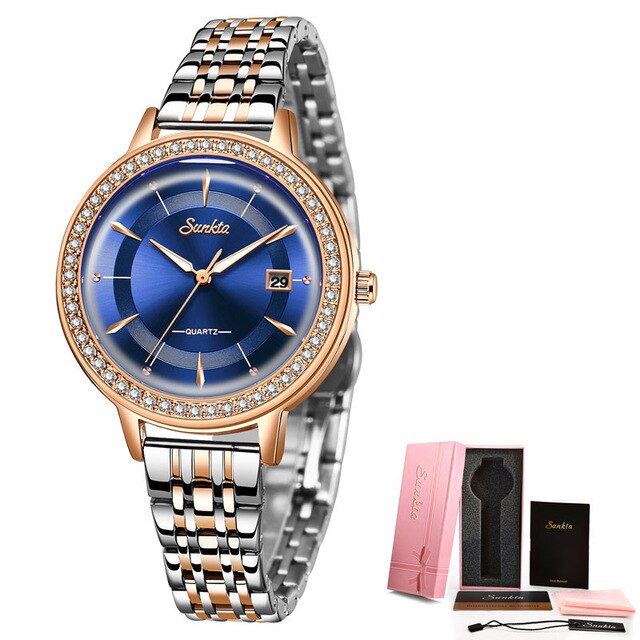 Reloj Mujer Sunkta Mode Vrouwen Horloges Rose Gold Dames Armband Horloges Creatieve Waterdichte Quartz Horloges Voor Vrouwen: Rose gold blue