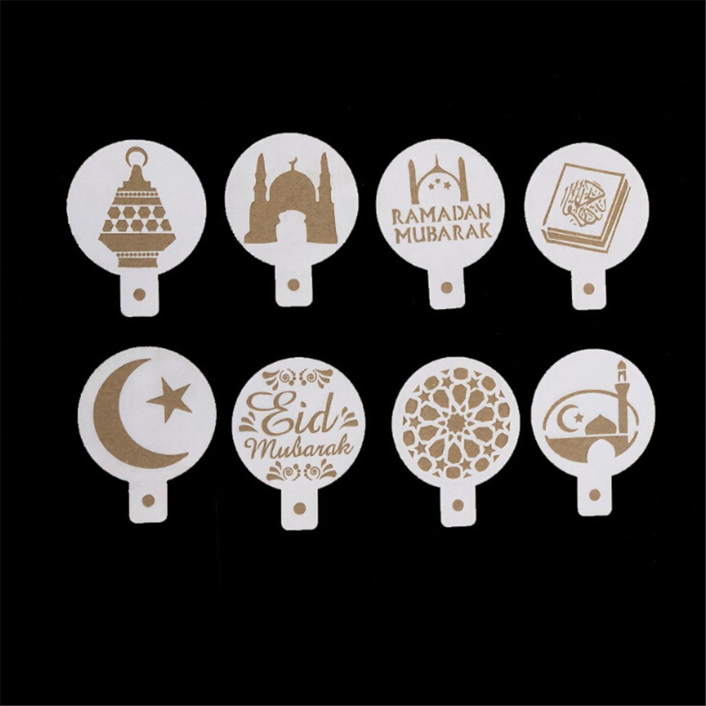 Eid moubarak Ramadan blanc en plastique café impression modèle Spray pochoir Fondant gâteau Biscuits décoration outils 8 pièces/ensemble