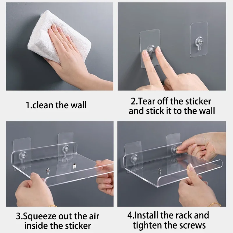Estante de almacenamiento acrílico montado en la pared, estante flotante sin perforaciones, palo de exhibición transparente y grueso, organizador para baño, cocina y baño
