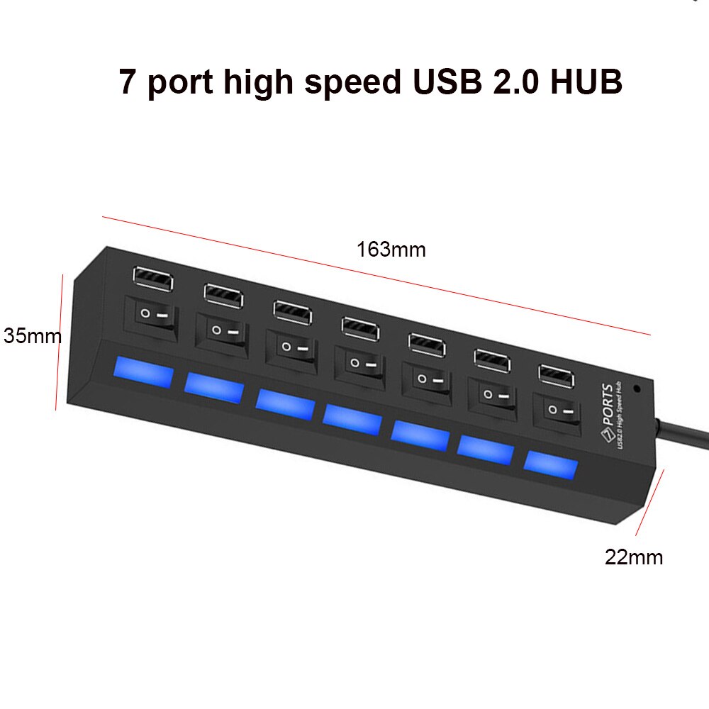 USB Charger Wall Socket Plug 2.0 HUB High Speed Power Cable LED Light Indicator ON/OFF Switch Adapter for PC Desktop Laptop