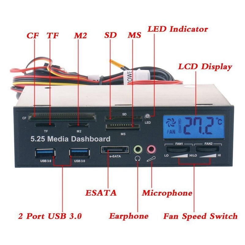 Multifunctional Media Panel 5.25 inch Computer Front Dashboard with SATA/eSATA, USB 2.0/USB 3.0, Microphone/Headphone o Port