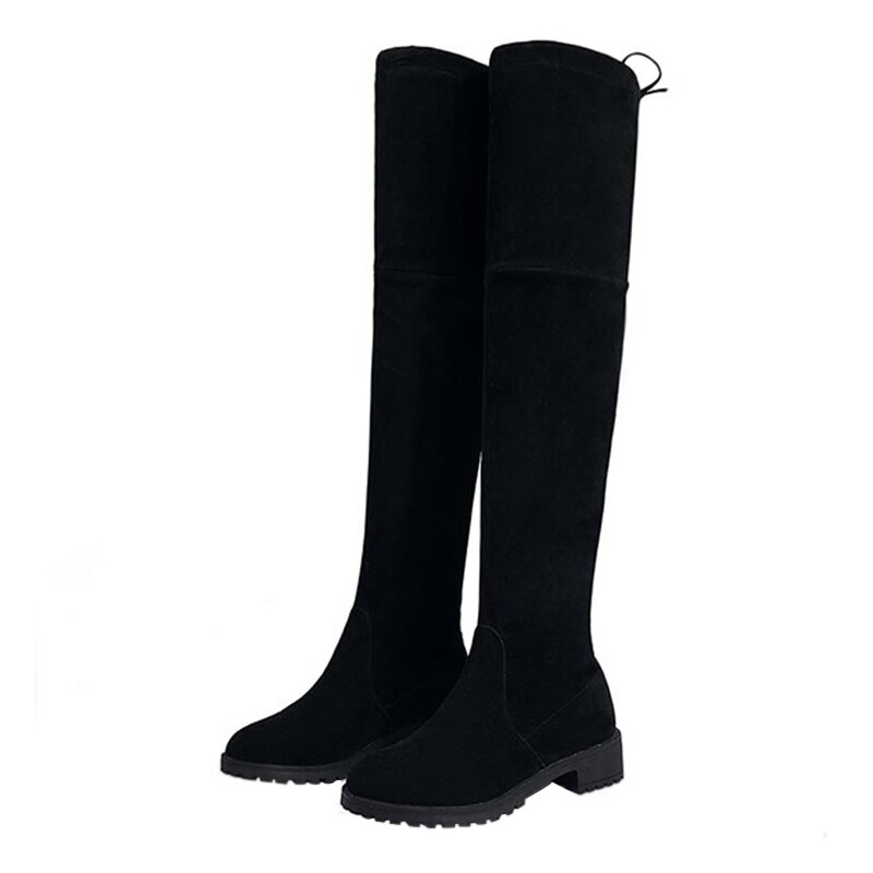 Koovan botas de mujer otoño e invierno nuevas botas de tacón grueso sobre la rodilla señoras Negro bajo plano talón Stovepipe Botas Largas