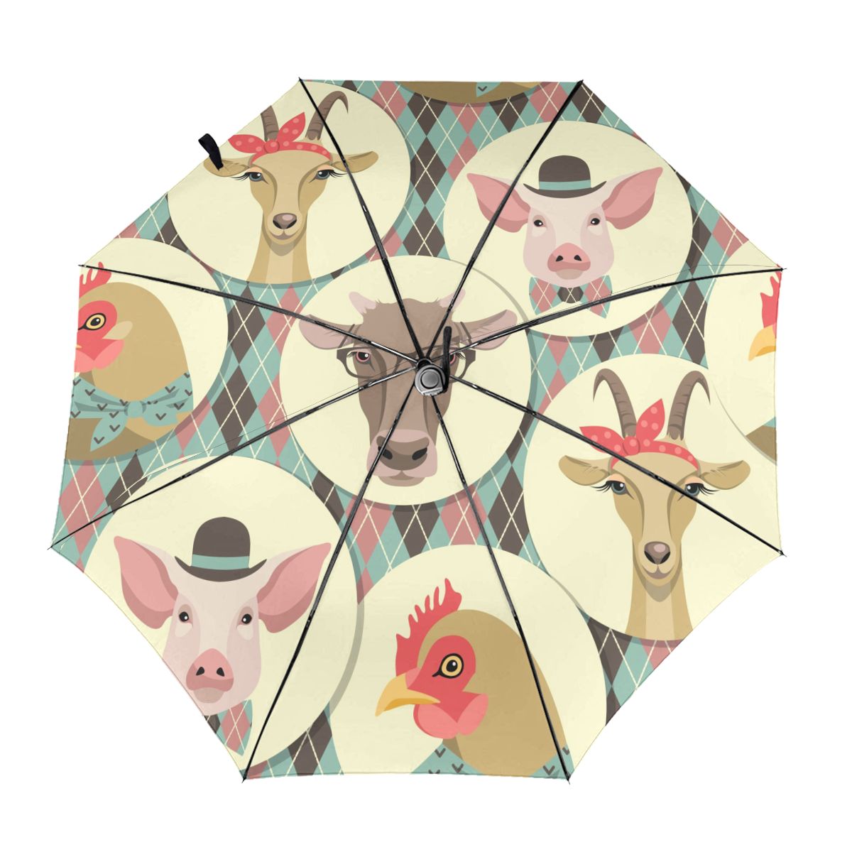 Automatic Umbrella Farm Animals Head Cartoon three-fold umbrella women men rain umbrella: Inside Print