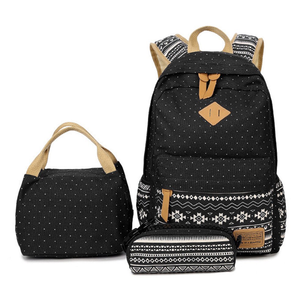 3 in 1 rugzak junior high schooltas canvas stippenprint tienermeisjes lichtgewicht laptoprugzakken met geïsoleerde tas + etui: Stip zwart