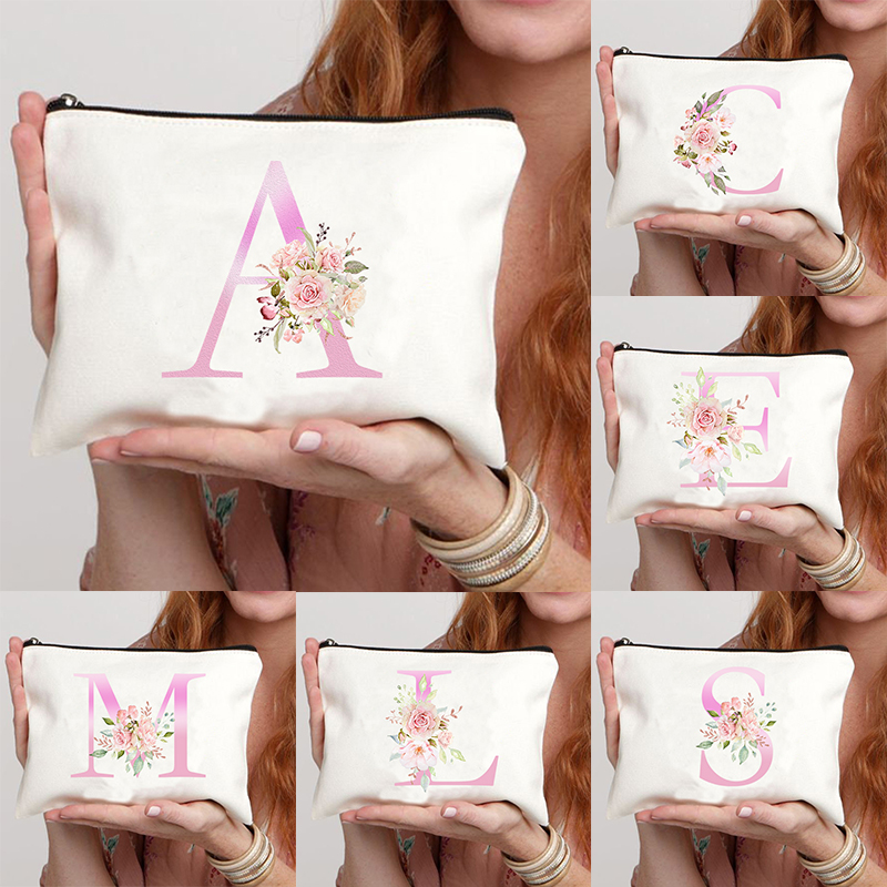 26 Pink Initials Women Cosmetic Bag Bride's Toilet Makeup Pouch Cosmetic Case Bridesmaid Bachelorette Party Lady Bags