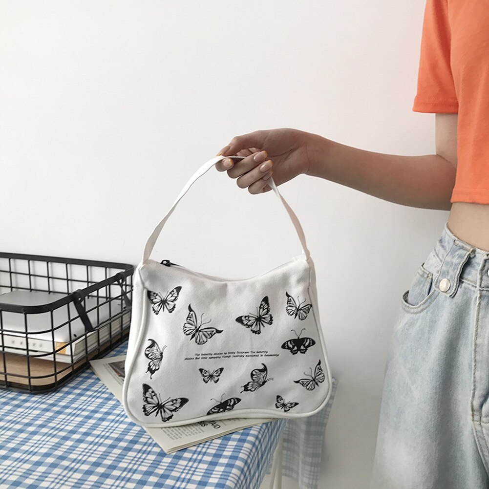 Frühling Frauen Kleine Handtasche Schmetterling Druck Leinwand Tote Damen Unterarm Tasche Reißverschluss halb Mond Taschen Baumwolle Tuch Geldbörse