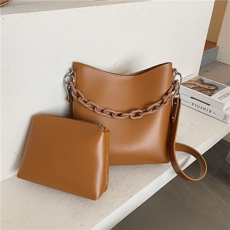 Acrylique chaîne petit sac en cuir PU sacs à bandoulière pour les femmes sac tendance voyage seau sacs épaule sacs à main: Marron