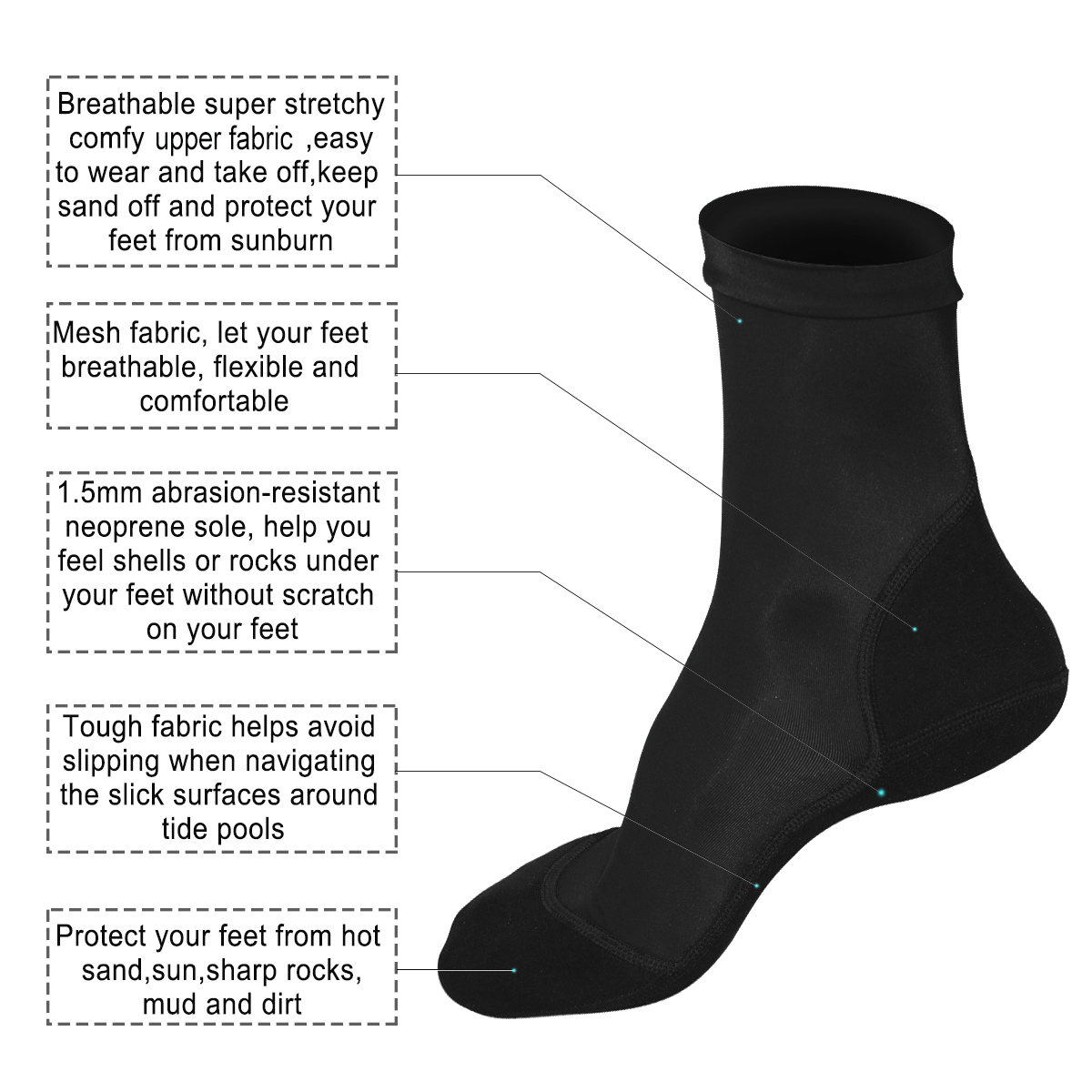 Calcetines de aleta de neopreno para playa, voleibol, fútbol, parte superior fina de poliéster, suelas de neopreno de 1,5mm, zapatos de agua con protección solar