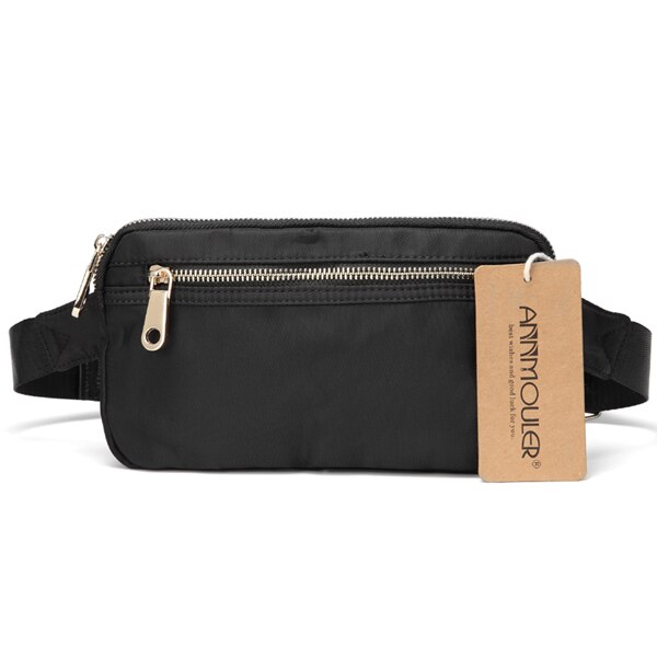 Annmouler Polyester Women Fanny Pack Large Capacity Waist Bag Black Double Zipper Waist Pack Ladies Chest Bag 4 Colors Bum Bag: Black