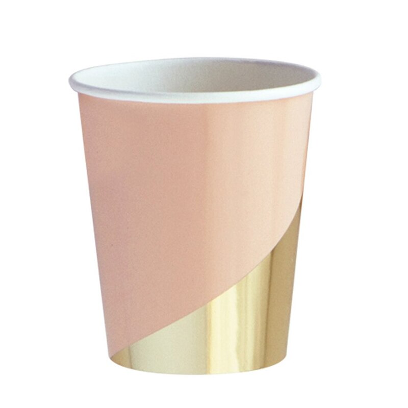 Roze folie gouden feestbenodigdheden taartschaal wegwerpservies prinses papieren borden bekers servetten voor bruiloft doop bedankjes: 8 stuks 270ml kopjes