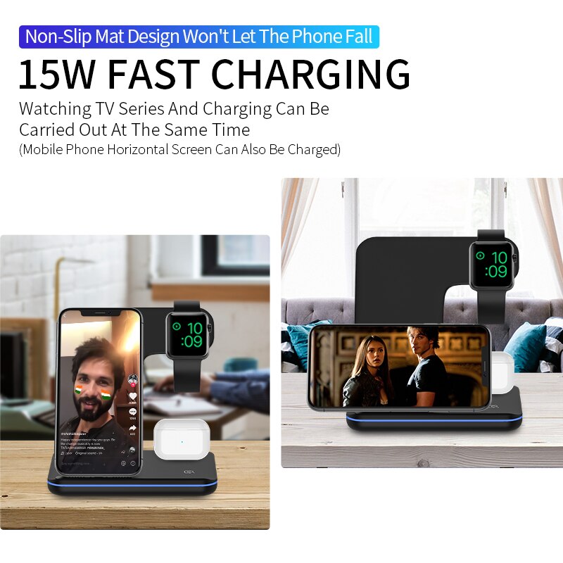 FDGAO 15W Qi Fast Wireless Charger Stand For iPhone 11 Pro XS XR 8 X 3 in 1 Charging Dock for Apple Watch 5 4 3 2 1 Airpods Pro