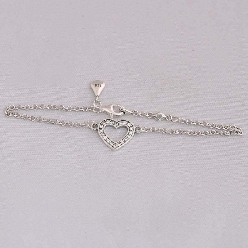 925 Sterling Silver Bracelet Symbol Of Love With Cubic Zirconia Chain Link Bracelet Bangle Fit Women Bead Charm Diy Jewelry