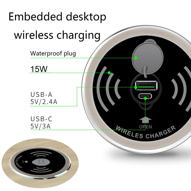 15W USB-C USB-A Quick Charger 3.0 Built in Desktop Device Qi Fast Wireless Charger Embedded Charger