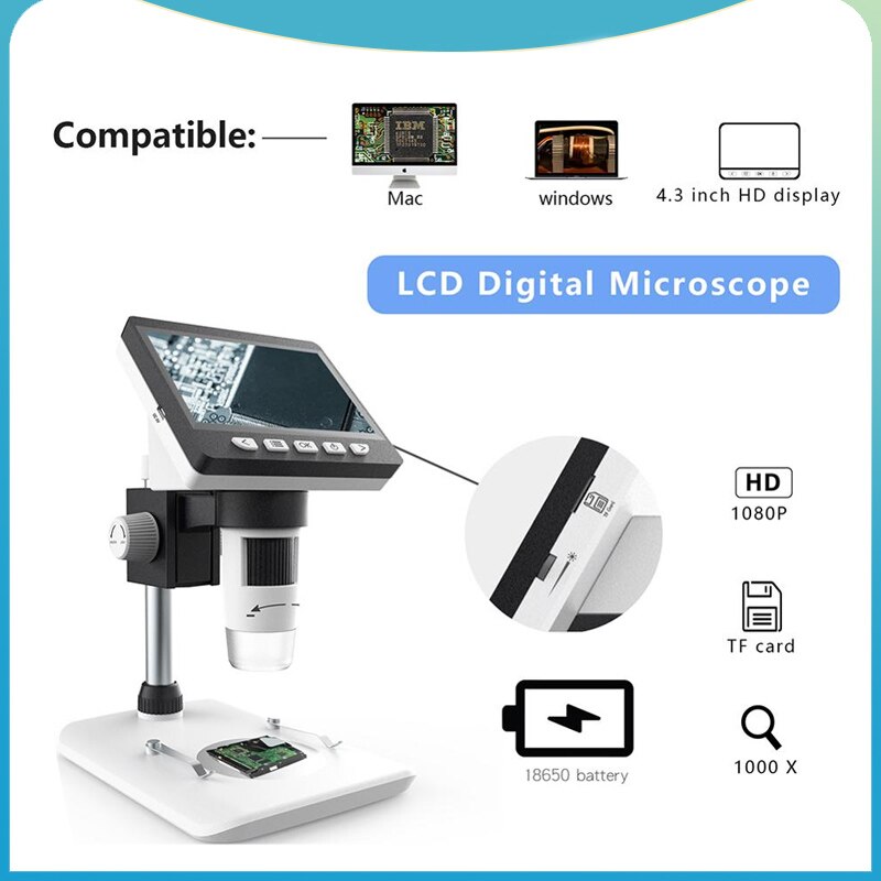 1000x digital microscope electronic video microscope 4.3 inch HD LCD display 8LED soldering microscope phone repair Magnifier