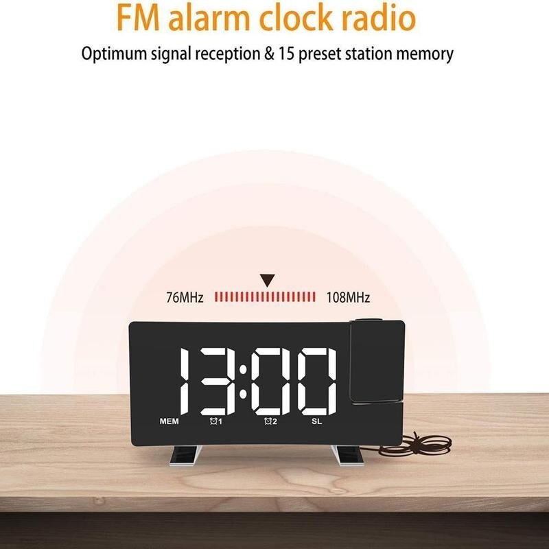 Led Digital Alarm Clock Fm Radio Time Projector Snooze Desktop Wake Up Watch Usb Projection Electronic Curved Double Table Clock