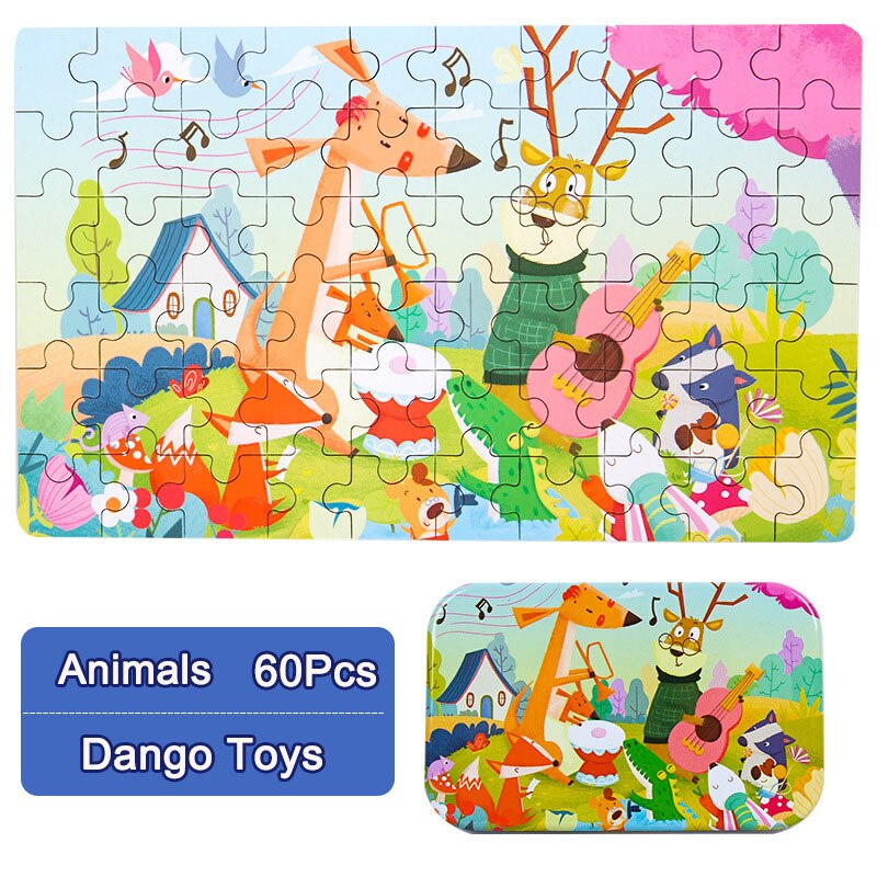60 houten puzzels, cognitief educatief speelgoed voor kinderen met opbergruimte, blikken doos, kinderen, bezig met bord, houten speelgoed, kerstspelletjes: Dieren