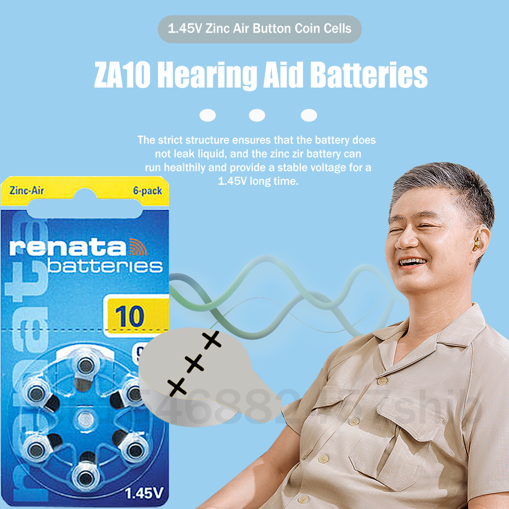 6pcs/1pack Original Renata ZA10 PR70 A10 ZA 10 10A 10 1.45V 105mAh Zinc Air Battery For Hearing Aid Audiphone Button Coin Cells