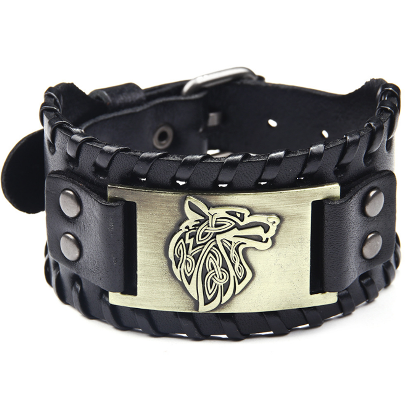 FYJS Unique 3 couleurs alliage loup Bracelet en cuir fait main pour les hommes Cool fête bijoux