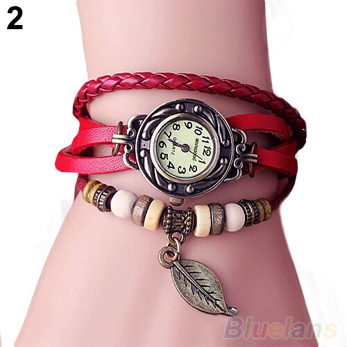 Women's Watch Retro Leather Bracelet Tree leaf Decoration Wrist Watch Ladies Quartz Watch relogio feminino часы: Red