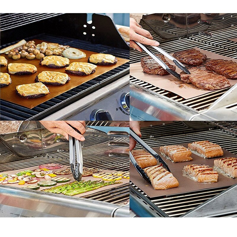 2pcs/5pcs/6pcs BBQ Grill Mat Copper Non-stick Barbecue Baking Liners Reusable Cooking Sheets PTFE Bakeware Sheet Easy Clean