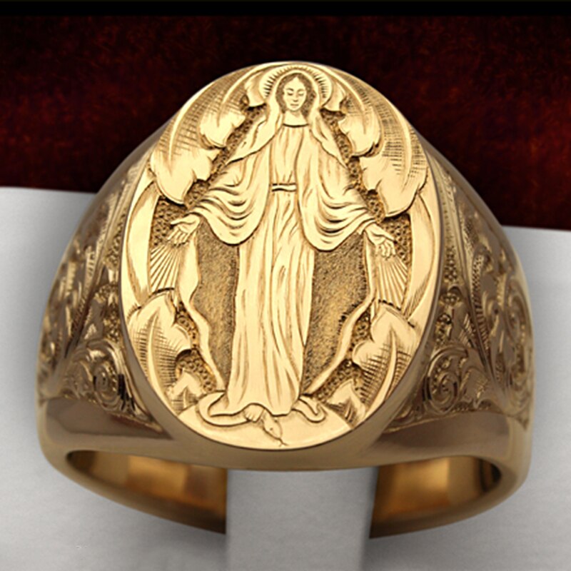 FDLK Vintage Punk Rings For Men Rock Virgin Mary Hand Pattern Engraving Memento Character Gold Color Retro Ring